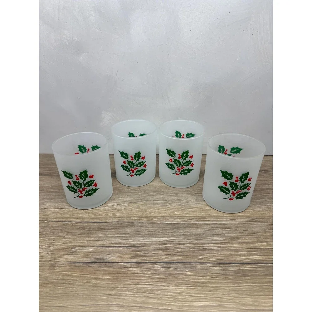 VTG Indiana Glass Frosted Holly Berry Double Old Fashioned Rocks Glasses Set/4
